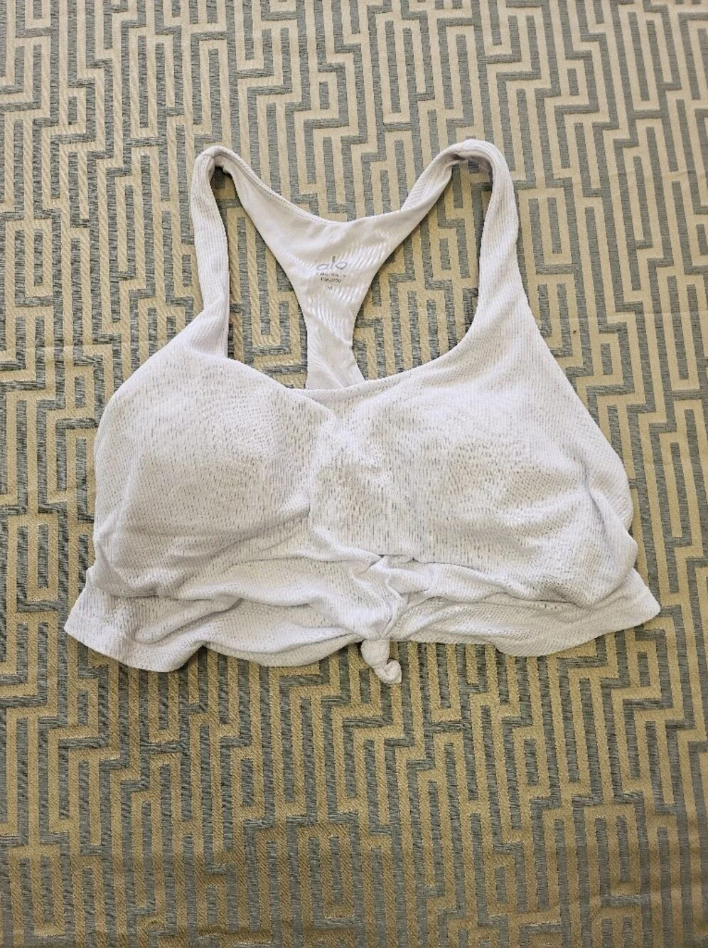 ALO Yoga White Ribbed Knot Front Sports Bra
